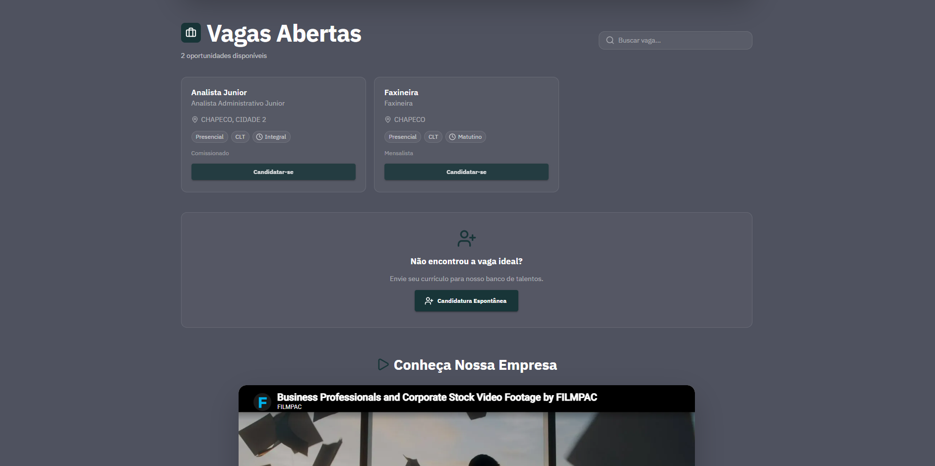 Portal de vagas — listagem de vagas abertas e candidatura